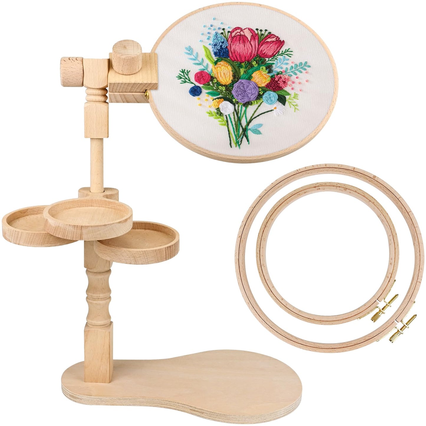 embhand Embroidery Hoop Stand Adjustable - Rotated Embroidery Frame Stand with 6'' 8'' Embroidery Hoops and 3pcs Bowls for Needlework Supplies, Embroidery Hoop Holder, Embroidery Stands for Hand Work