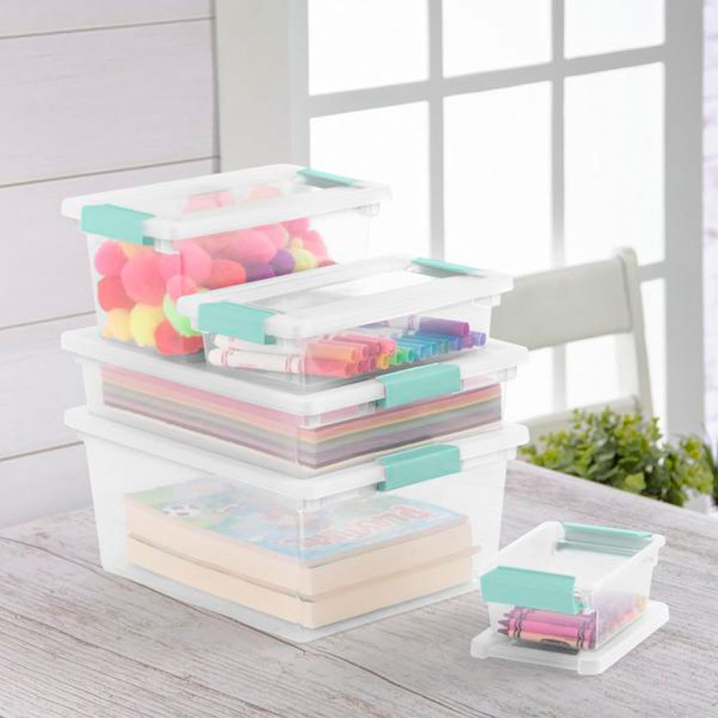 Sterilite Medium Clip Box, 4-Pack Stackable Small Storage Bin with Latching Lid, Clear Plastic Container for Office,