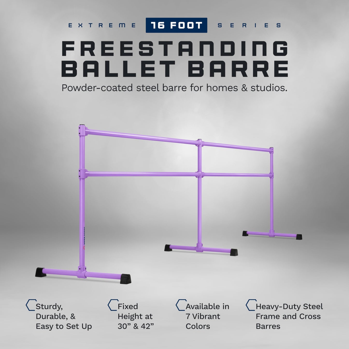 VITA Barre Portable Freestanding Double Ballet Barre, Extreme, 16 Ft Bars, Purple, Steel | Fixed Height, Made in USA, Home or Gym Exercise Equipment for Kids & Adults | Dance, Fitness, Pilates