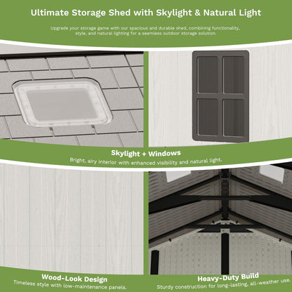 Patiowell 10 x 8 FT Outdoor Storage Shed, Plastic Shed with Floor and Skylight, Resin Storage Shed with Four-Window and Lockable Door for Garden, Patio, Backyard, Beige