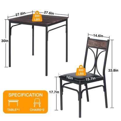 VECELO 3 Piece Dining Table Set for 2, Kitchen Table Set with 2 Chairs for Small Space, Space-Saving and Modern Design, Apartment, Easy to Assemble,Classic Brown