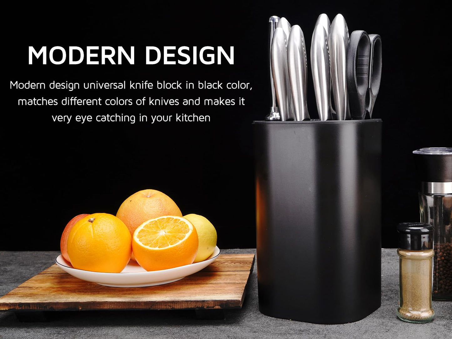 Universal Knife Block for Kitchen, WELLSTAR Knife Holder without Knives, Safe Space Saver Large Volume Stable Knife Storage with Scissors and Sharpening Rod Slot, Detachable for Easy Cleaning - Black