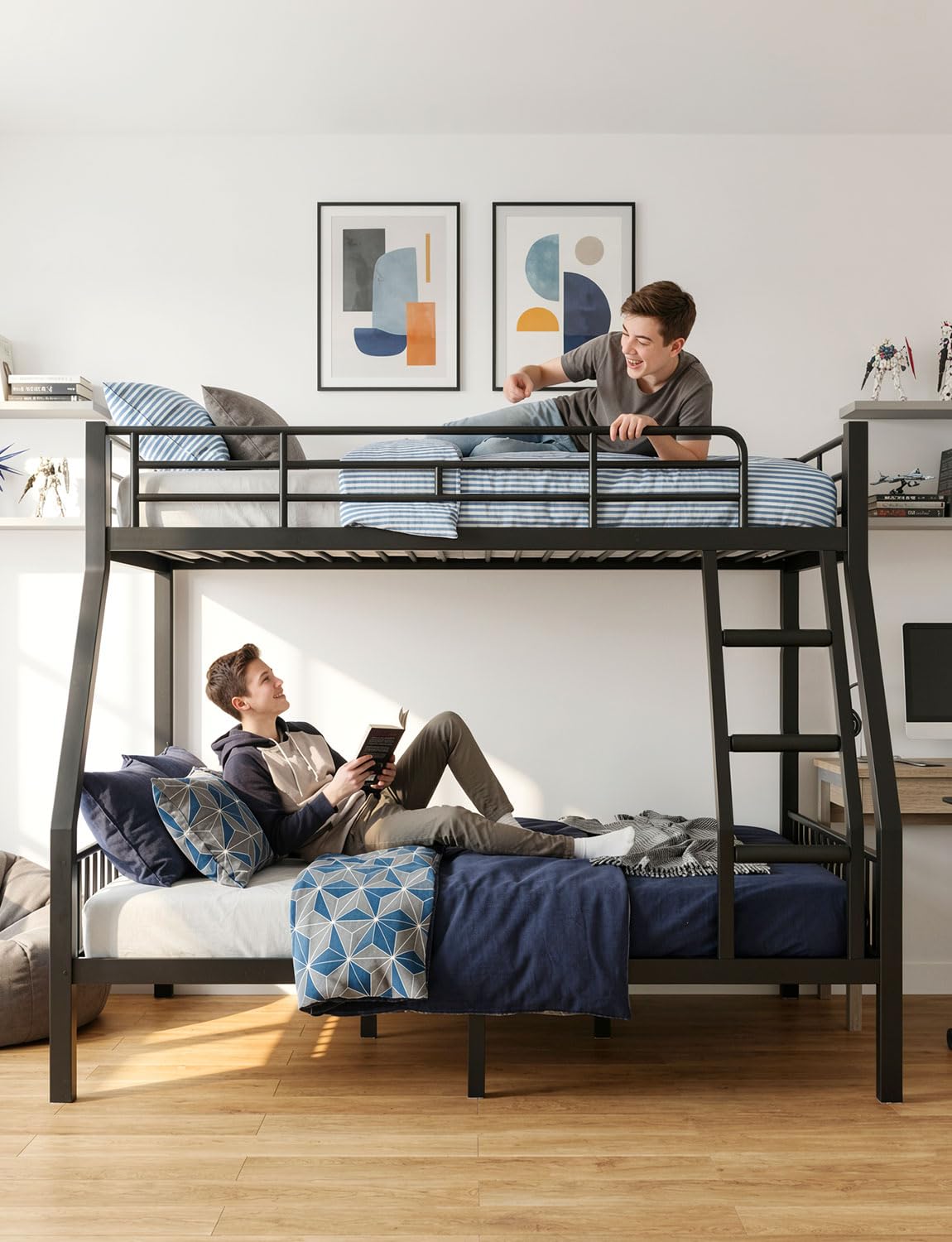 Mixcous Twin XL Over Queen Bunk Bed, Heavy Duty Queen Bunk Bed for Adults, Metal Bed Frame with Full-Length Guardrails & EVA Padded Anti-Slip Ladder, No Box Spring Needed, Black