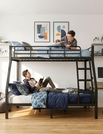 Mixcous Twin XL Over Queen Bunk Bed, Heavy Duty Queen Bunk Bed for Adults, Metal Bed Frame with Full-Length Guardrails & EVA Padded Anti-Slip Ladder, No Box Spring Needed, Black