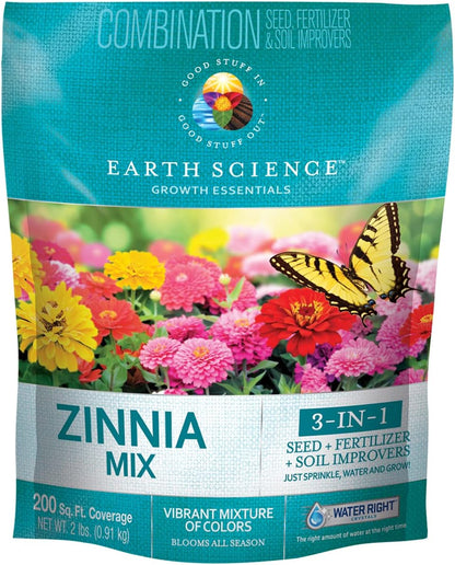 Zinnia Mix from Earth Science (2 lb), 3-in-1 Mix with Premium Wildflower Seed, Plant Food, Soil Conditioners, Non-GMO