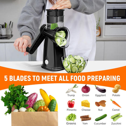 SpaceHacks Rotary Cheese Grater Hand Crank, with 5 Blades for Chopper Shredder Spiralizer Slicer for Vegetable Cheese Fruit, Food Chopper for Kitchen with Blades Storage Box & Suction Base (Black)