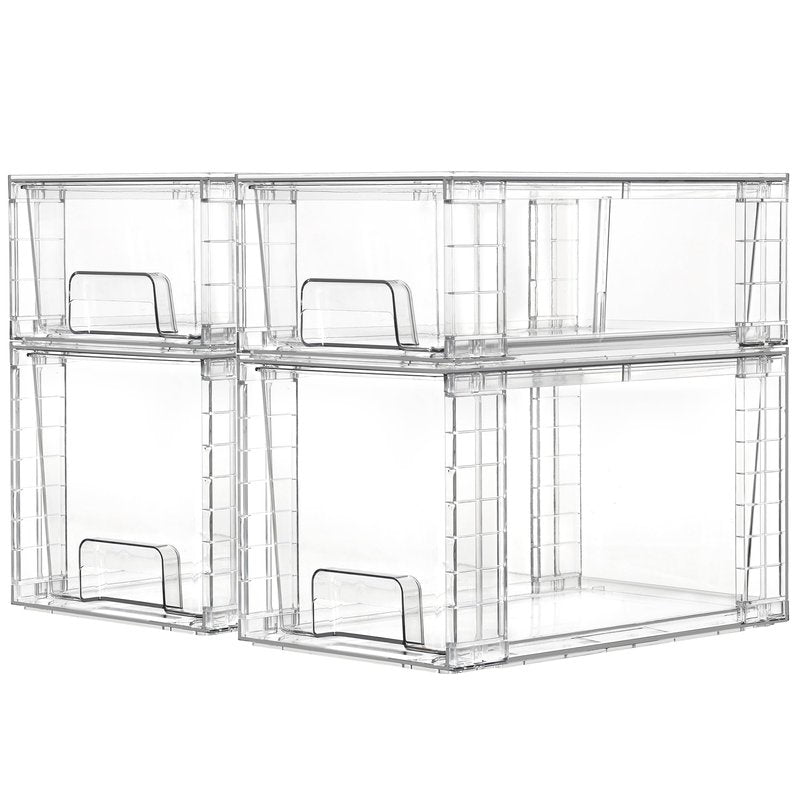 Vtopmart 4 Pack Clear Stackable Storage Drawers,Under Sink and Kitchen Organizers Storage,Easy to Assemble Plastic Drawers for Baby Bottle,Medicine, Bathroom,Cabinet and Pantry Organization