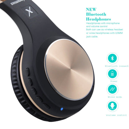 Riwbox Bluetooth Headphones, XBT-80 Folding Stereo Wireless Bluetooth Headphones Over Ear with Microphone and Volume Control, Wireless and Wired Headset for PC/Cell Phones/TV/Gym (Black Gold)
