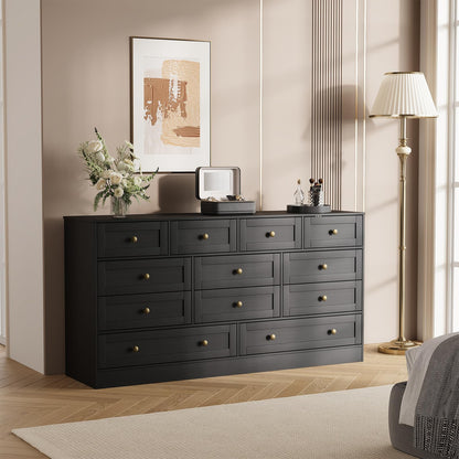 Garvee Wooden Dressers for Bedroom with 12 Drawer, Black Dresser for Adult Bedroom, Modern Wood Chest of Drawers for Living Room, Closet, Hallway, Farmhouse TV Stand Dresser for 75" TV, 61" W×31.5" H