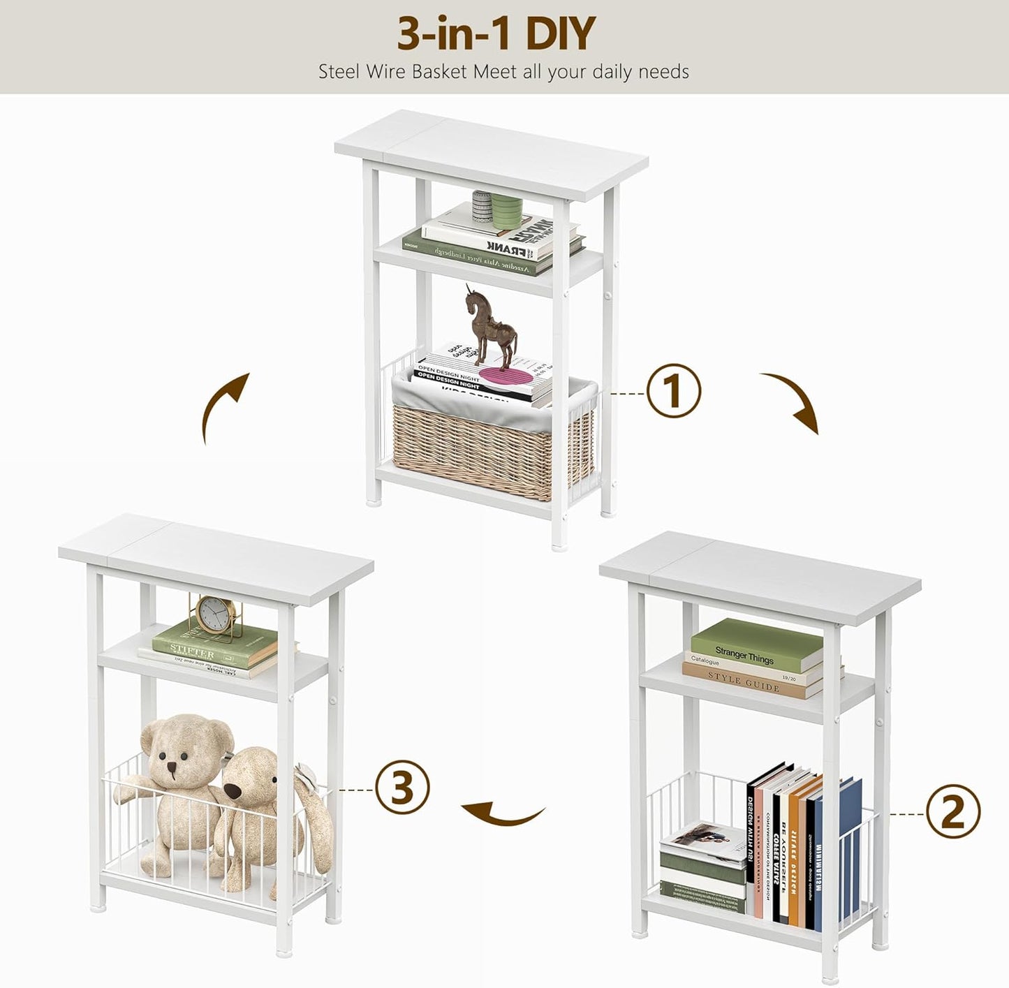 25.2" HET004WT1 Heybly Small Narrow Side Table for Small Space, Thin Bedside Table with Storage Basket, Skinny End