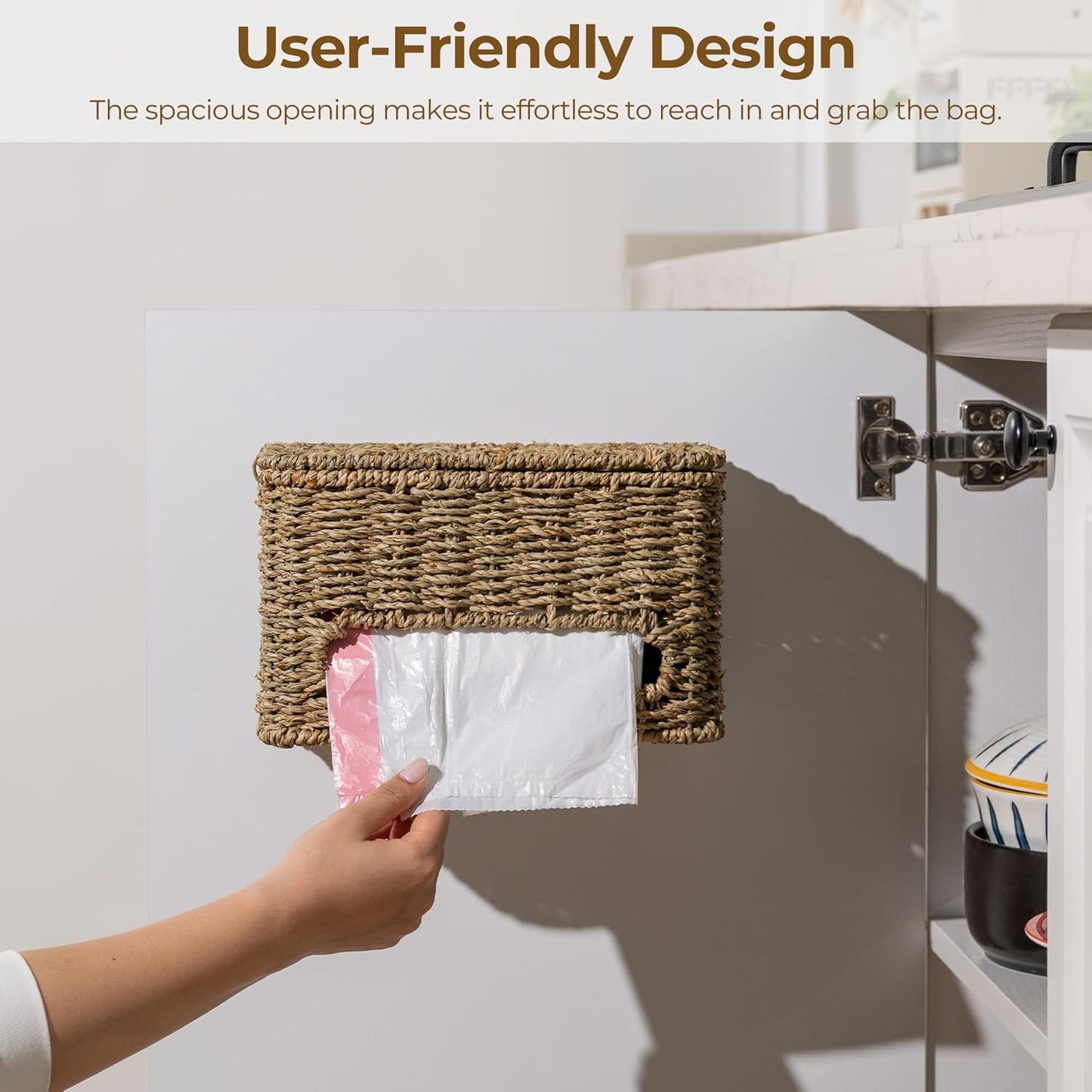 Countertop StorageWorks Trash Bag Holder with Lid, Wall Mount Seagrass Plastic Bag Holder for Kitchen, Cabinet