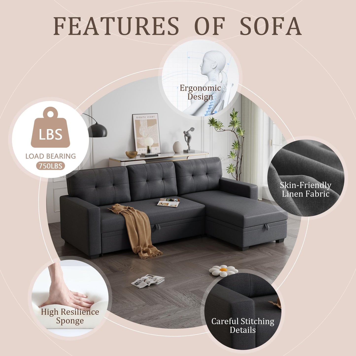 KTATK L-Shape 82" Linen Upholstered Pull Out Sectional Sofa with Storage Chaise,Can be Converted into a Twin Size Sleeper Bed W/Removable Back Cushions,for Living Room,Apartment,Office,Dark Gray