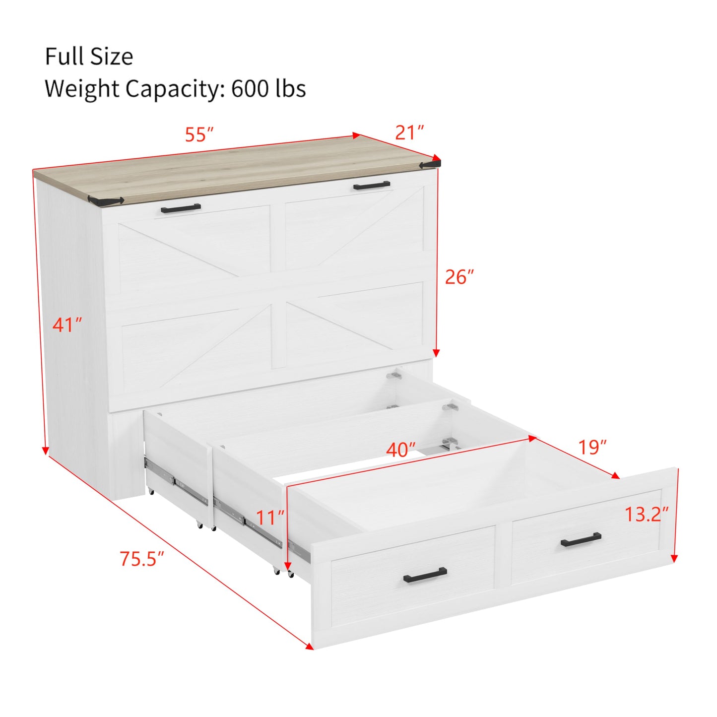 Ball & Cast Murphy Bed Full Size with Charging Station,Farmhouse Murphy Cabinet with Large Storage Drawer,Hideaway Bed Foldable Platform Bed for Guest Room, Apartment, White
