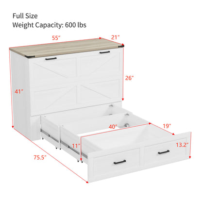 Merax Modern Farmhouse Solid Wood Murphy Cabinet Bed with Charging Station, Foldable Wall Platform Bed with Storage Drawer/No Box Spring Needed/Easy Assemble/Full, White