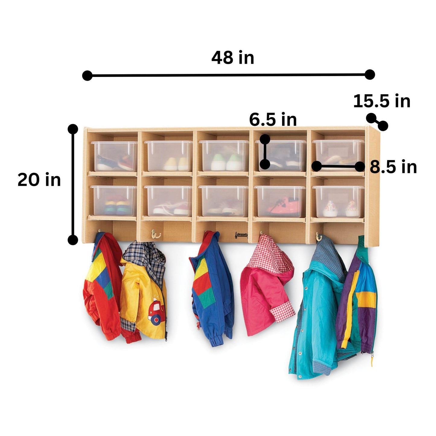 Jonti-Craft 07710JC 10 Section Wall Mount Coat Locker with Clear Bins, 2, Clear