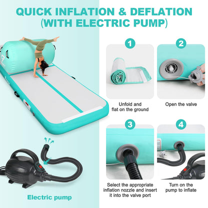 Inflatable Air Gymnastics Mat Training Mats 14ft and Air Roller 40x23.6inch with Electric Air Pump for Home Use Cheerleading Outdoor Training Park Yoga Water Beach (Green)