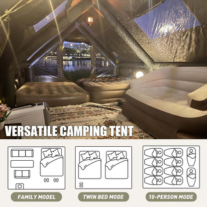 13' x 10' Inflatable Camping Tent for 8-10 Person, 4 Season Blow Up Tents with Waterproof pad, Easy Set-Up Glamping Inflatable Hot Tent with Stove Jack for Camping Adult