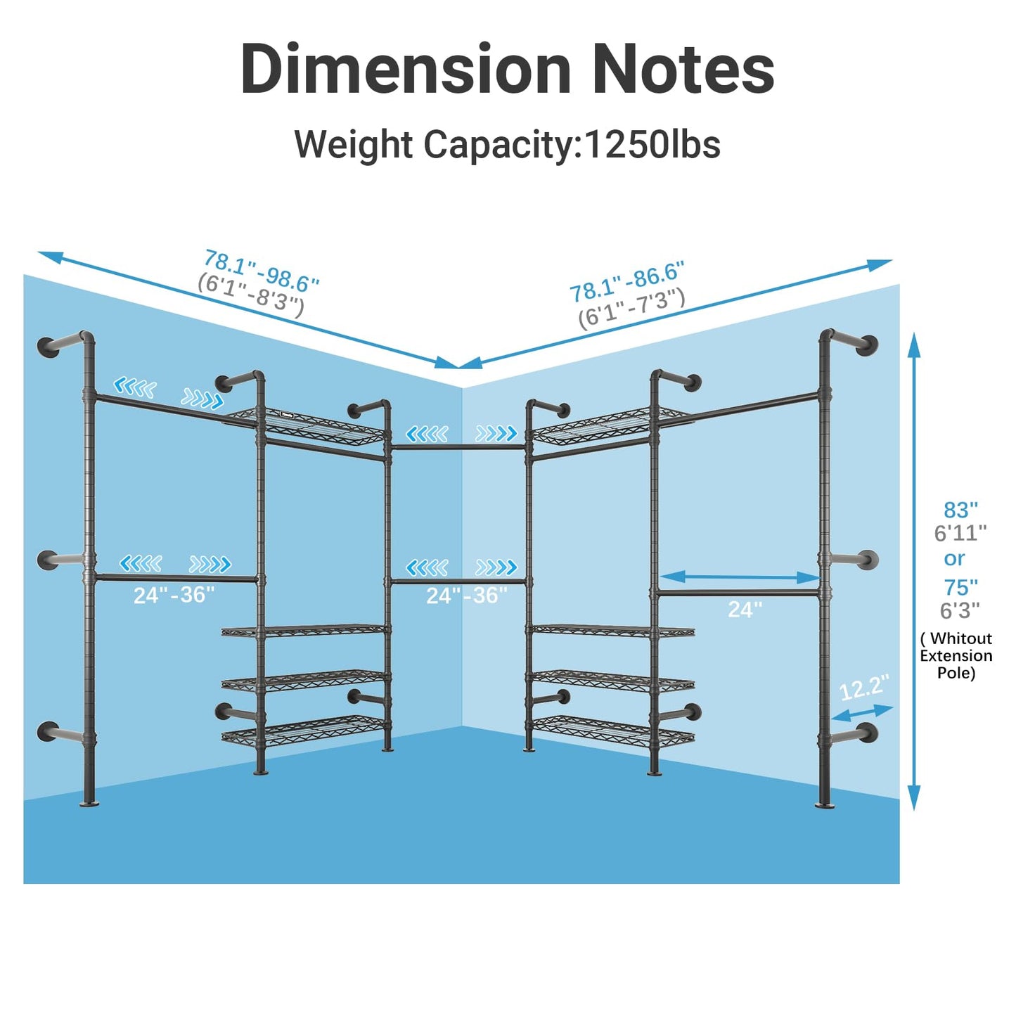 Timate L Shape Closet Rack Wall Mount for Corner, Heavy Duty Hanging Garment Rack Clothing Rack with 8 Adjustable Shelves & 4 Hanger Rods, Closet System for Hanging Clothes, Black