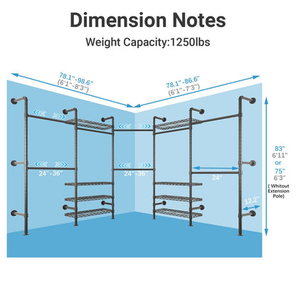 Timate L Shape Closet Rack Wall Mount for Corner, Heavy Duty Hanging Garment Rack Clothing Rack with 8 Adjustable Shelves & 4 Hanger Rods, Closet System for Hanging Clothes, Black
