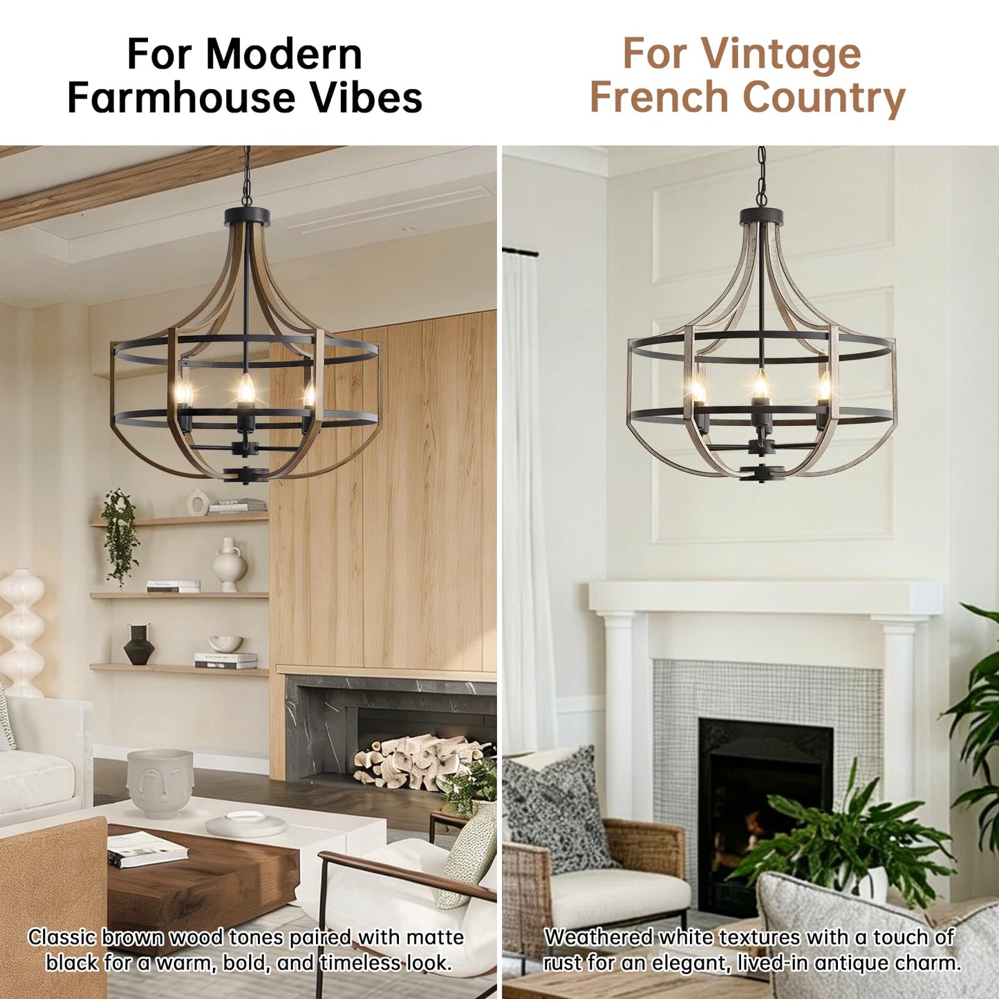 23.6" Farmhouse Chandelier for Dining Room, 6-Light Distressed White Faux Wood Pendant Light Fixtures, Antique Vintage Foyer Chandelier for Entryway Kitchen Island Living Room