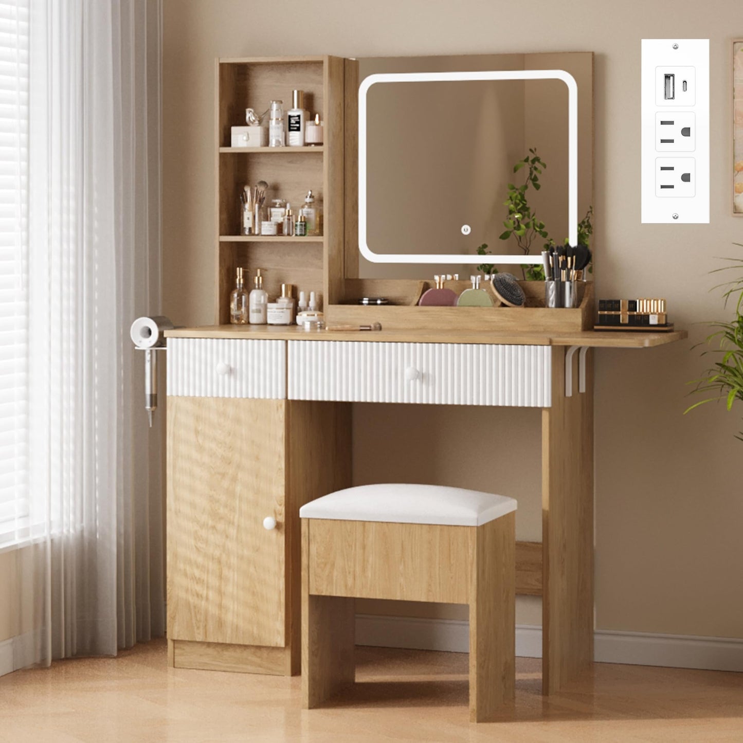 GarveeHome Foldable Makeup Vanity with Lighted Mirror, Vanity Desk with Power Strip, Adjustable Lighting, Drawers and Cushioned Stool, Foldable Panel for Compact Space Bedroom, Natural
