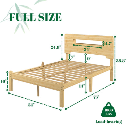 Askeld Wood Full Bed Frame with Storage Shelf Headboard, 14 Inch High Bamboo Platform Bed No Box Spring Needed, Mid-Century Heavy Duty Bedframe, Easy Assembly, Noise Free