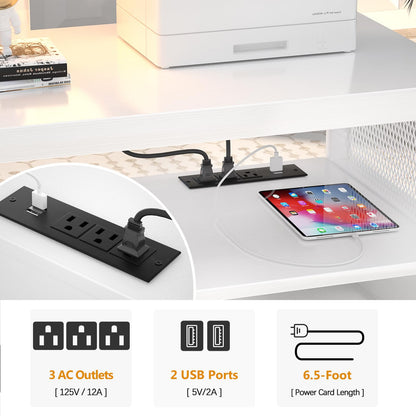 Unikito Rolling File Cabinet Lateral Office Filing Cabinets with Socket and USB Charging Port, Modern Printer Stand on Wheels, Printer Cabinet with Door and Open Storage, Lockable, White