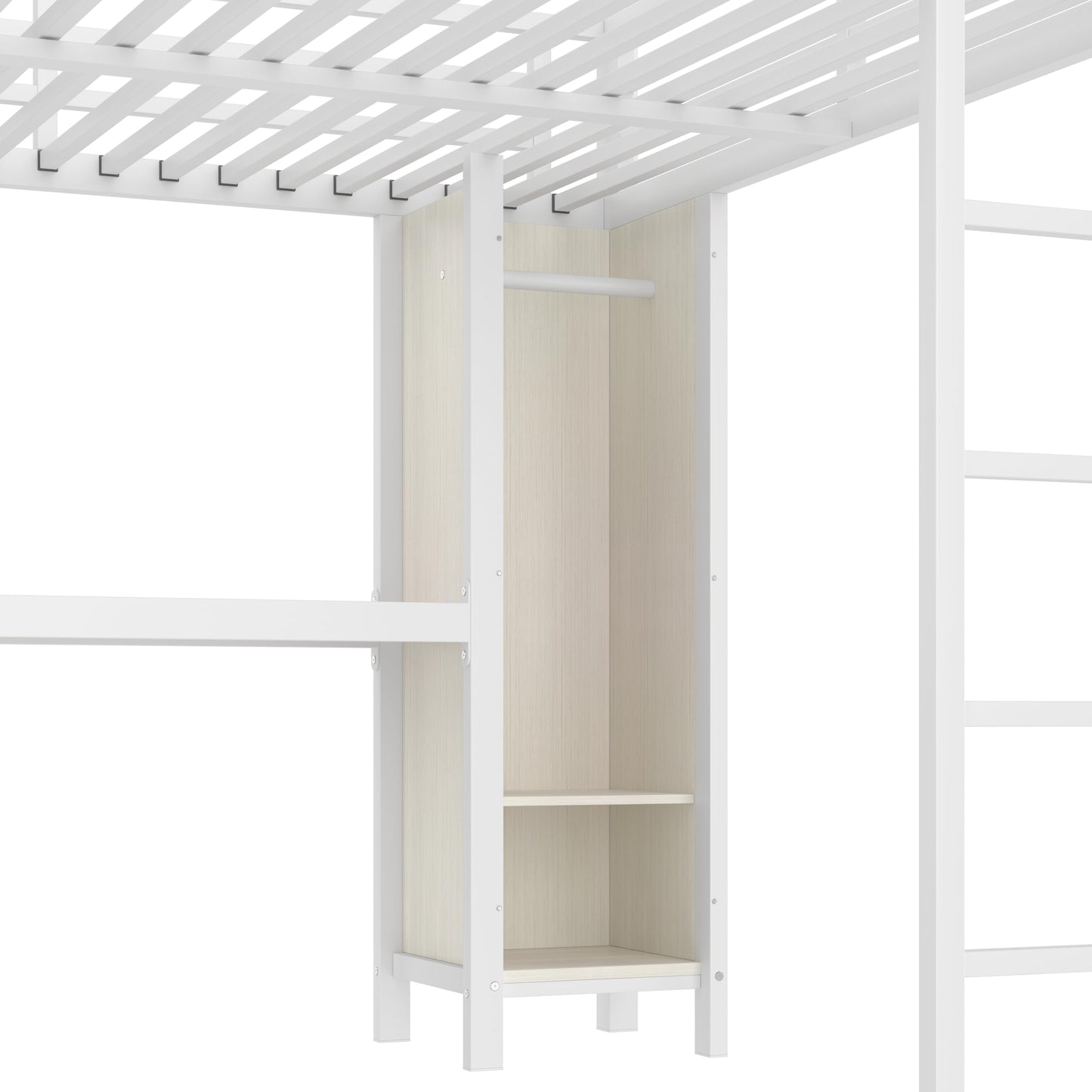 Bellemave Queen Loft Bed with Desk & Wardrobe, Heavy Duty Metal Loft Beds with Storage Shelves, Space Saving Loft Bed Queen Size with Safety Guard, White Wood Grain