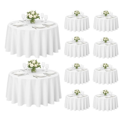 Craft And Party 10 Pack 108 Inch White Round Tablecloth, Polyester Fabric Washable Table Cloth for Home, Party, Wedding or Restaurant Use.