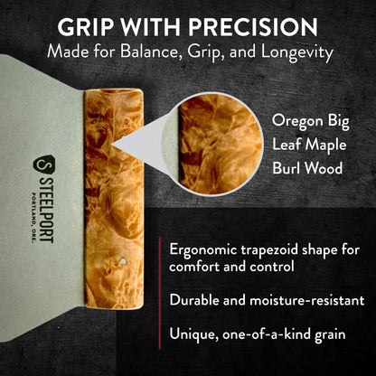 Steelport Bench Scraper | USA Made Dual Edge Stainless Steel Dough Cutter | 18-Gauge Steel Blade, Tapered Maple Burl Handle | Kitchen Gadgets for Bakers, Professionals, Home Cooks | Gift for Bakers