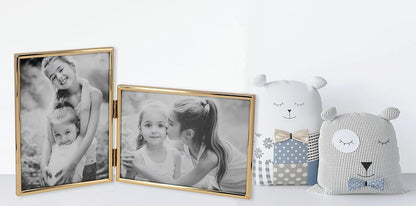Double 4 by 6 Inch Metal Folding Picture Frames - 1 Landscape and 1 Portrait Style (Modern Gold)