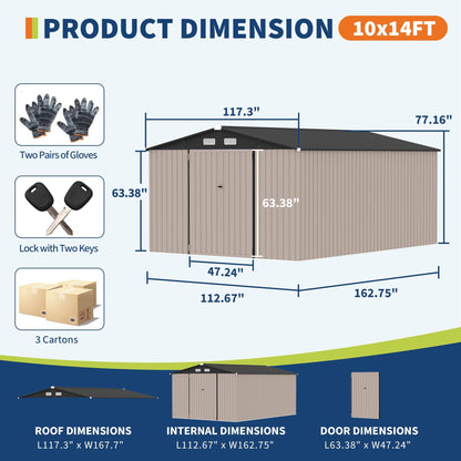 Heavy-Duty 10x14 FT Metal Garden Shed with Air Vent & Lockable Door, Outdoor Storage Shed for Yard, Patio, Lawn, Rust-Resistant Utility Shed, All-Season Use