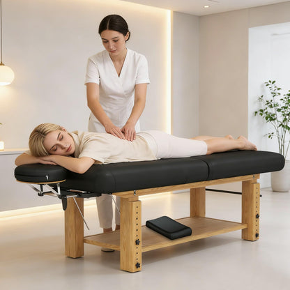 Heavy Duty Massage Table, Wooden Stationary Spa Bed with Adjustable Height & Backrest, PU Leather Professional Physical Therapy Facial Table with Face Pillow, Storage Shelf,1500 LBS Capacity