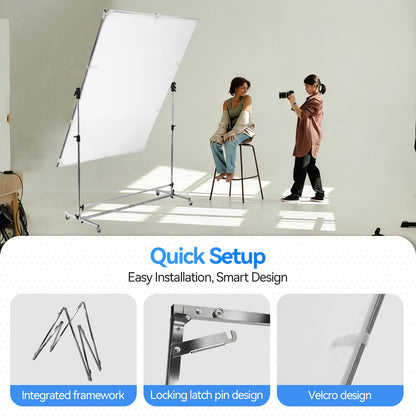 WELLMAKING 79x59 inch Professional Photography Light Diffuser Screen - 360° Rotatable Frame, Quick Setup, Adjustable Stand with Casters for Studio Portrait Video Shooting, White, Silver, Black