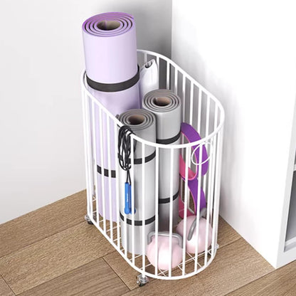Metal Yoga Mat Storage Rack,Floor-Standing Home Gym Cart,with Handles And Lockable Wheels,150kg Load Capacity for Studio/Commercial(White,58x40x21cm)