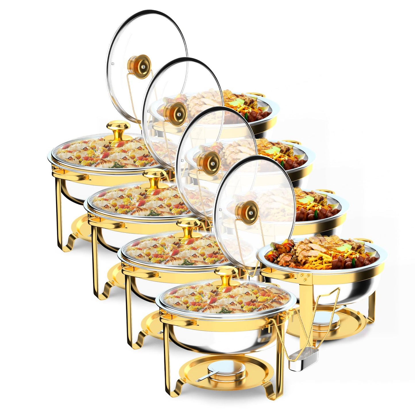 ROVSUN Chafing Dishes for Buffet 8Pack, 6QT Round Chafing Dish Buffet Set with Glass Lid & Lid Holder, Stainless Steel Chafers and Buffet Warmers Sets for Party Wedding Catering Events, Gold