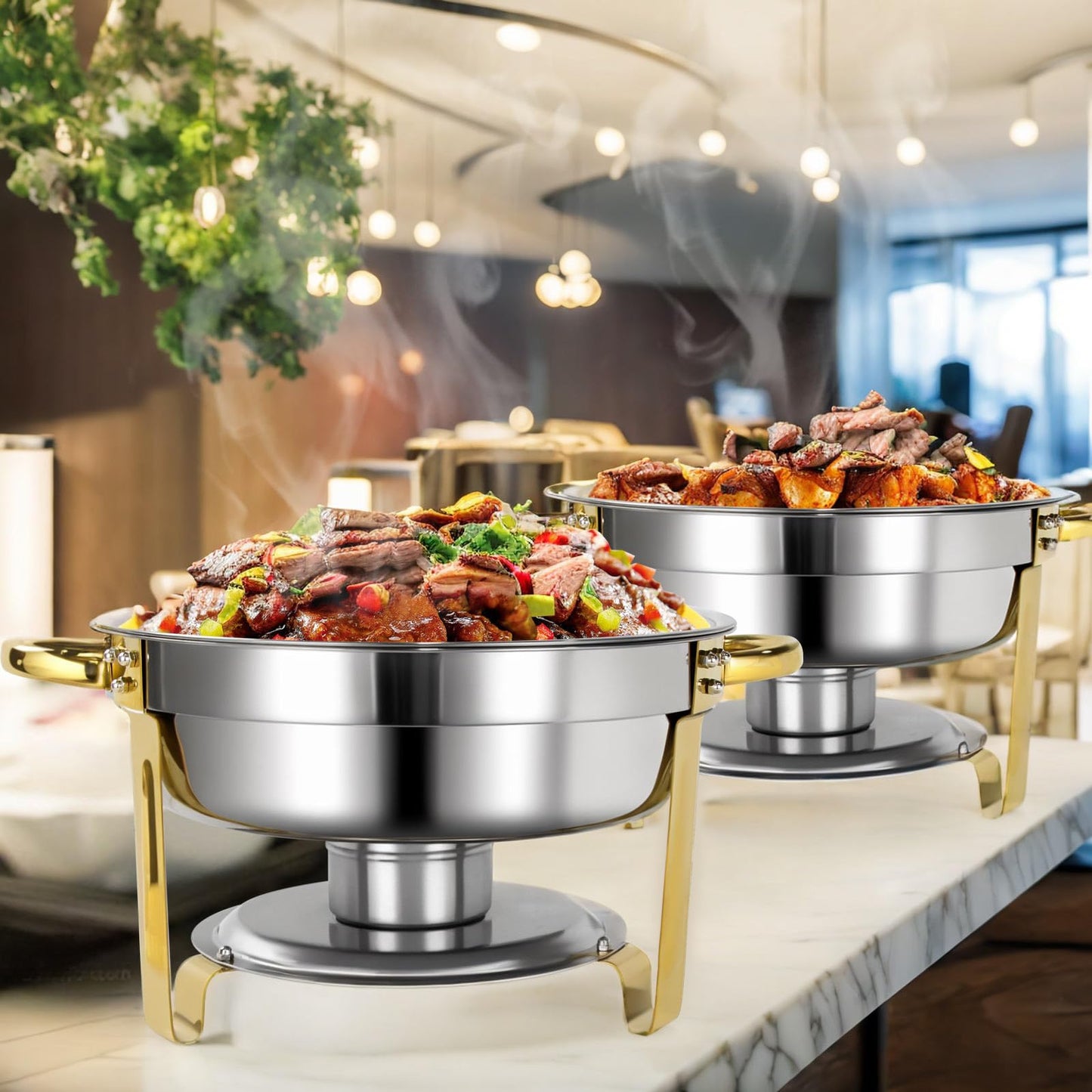 PRlJESSE 6QT Chafing Dishes for Buffet Set, Gold Round Chafing Dish Buffet Set with Glass Lid, chafers and Buffet Warmers Sets, Serving Food Warmer for Parties, Buffet (8 Pack)