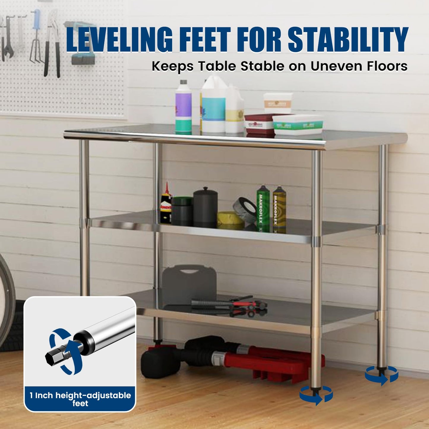 Stainless Steel Work Table 24 x 60 Inch with 2 Adjustable Undershelves, Heavy-Duty Metal Prep Table for Commercial Kitchen & Restaurant, Garage, Outdoor