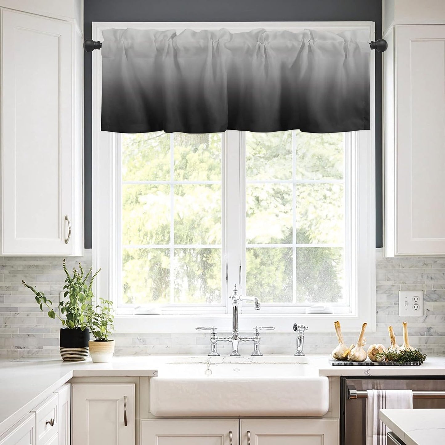 Valance Curtain for Kitchen, Ombre Black Grey Window Valance for Living Room, Rod Pocket Valances for Bedroom