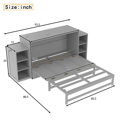 Bellemave Queen Size Murphy Bed, Cabinet Bed with 2 Shelves and Storage Drawers, Farmhouse Murphy Cabinet, Noisy Free, for Guest Bedroom, Living Room, Office, Light Gray
