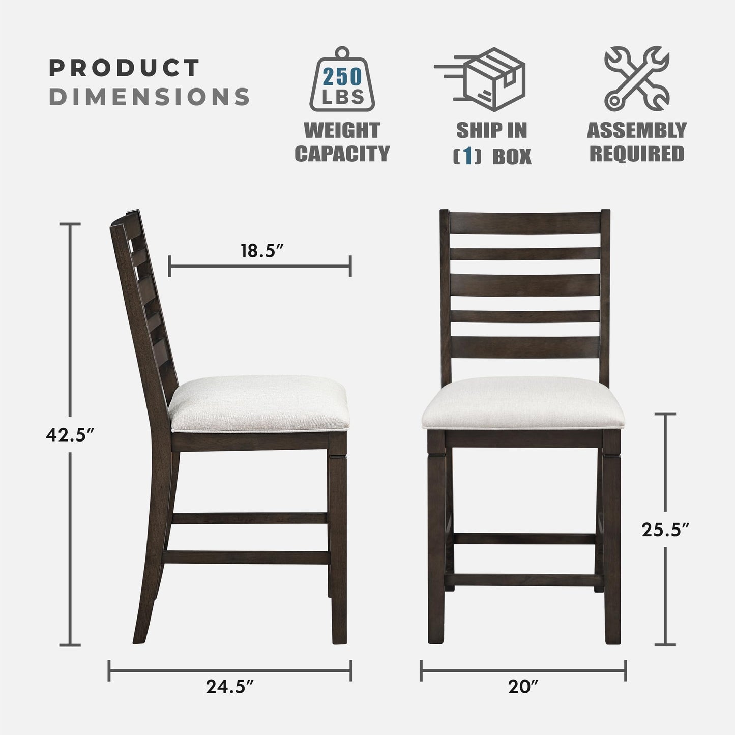 Lexicon Counter Height Chairs, Set of 2, Wood Frame, Ladder Back, Beige Textured Fabric Upholstered Dining Chairs with 25.5 Inches Seat Height, Bar Stools for Kitchen/Dining Room, Dark Espresso
