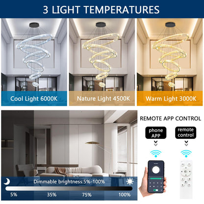 dolria Large Ring Chandelier Modern Crystal Chandeliers for High Ceiling Round LED Dimmable Ceiling Light Fixture for Foyer Long Stair Black 8''+16''+24''+32''+40''+47''