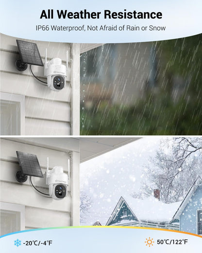 Solar Security Cameras Wireless Outdoor, 2K WiFi Cameras for Home Security, 360° PTZ Surveillance Camera with PIR, Color Night Vision, 2-Way Talk, IP66 Waterproof, SD/Cloud, Work with Alexa (2 Pack)