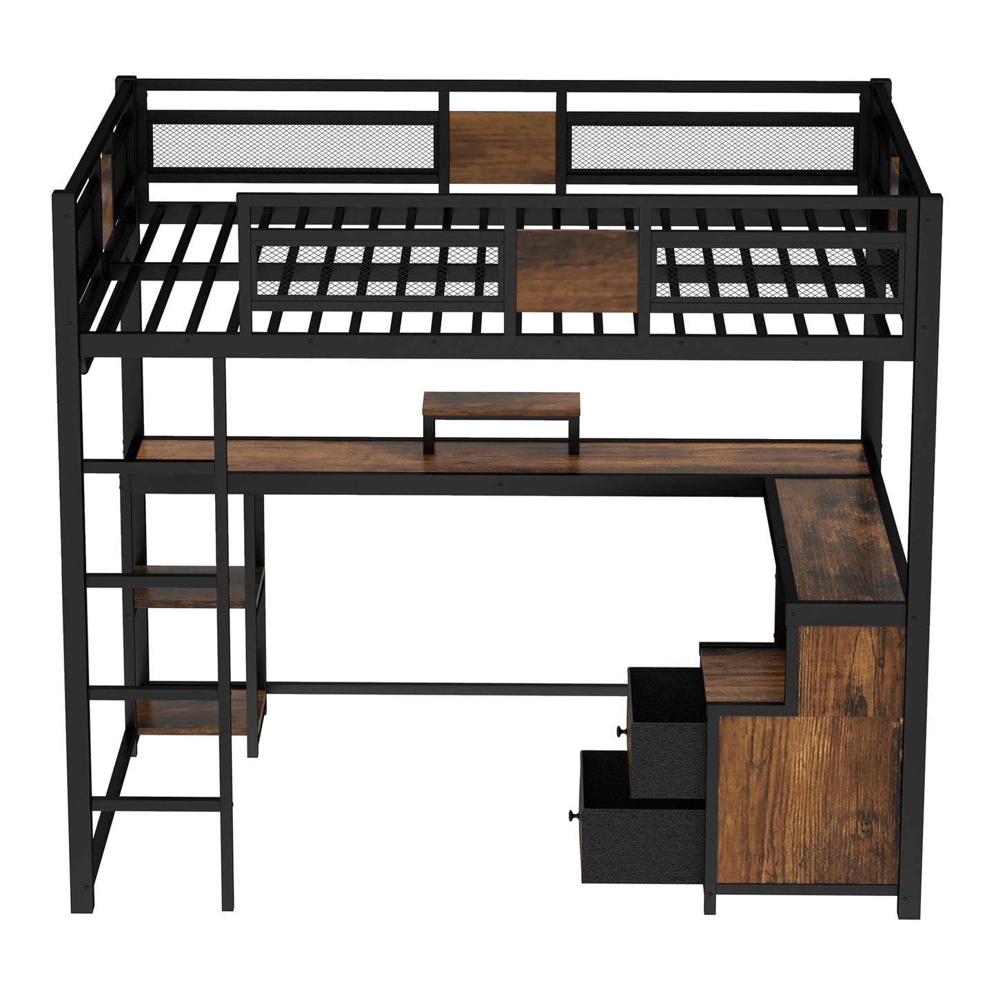 Bellemave Metal Queen Size Loft Bed with Desk and Non-Woven Fabric Drawers,Heavy Duty Loft Bed Frame with Clothes Rack and Storage Shelves for Kids,Teens,Adults, Space Saving,Black