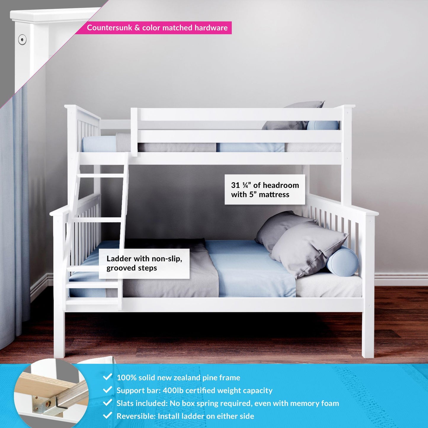 Max & Lily Bunk Bed Twin Over Full Size with Ladder, Solid Wood Platform Bed Frame with Ladder for Kids, 14" Safety Guardrails, Easy Assembly, No Box Spring Needed, White