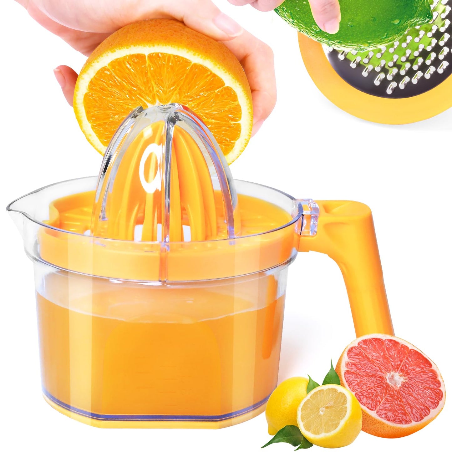 Lemon Squeezer 4-in-1 Lemon Hand Juicer - ChefVille Manual Orange Juicer Multifunctional Lemons Lime Squeezer, Citrus Juicers Press Fruit with Detachable Comfortable Handle, 16.9oz Capacity (ORANGE)
