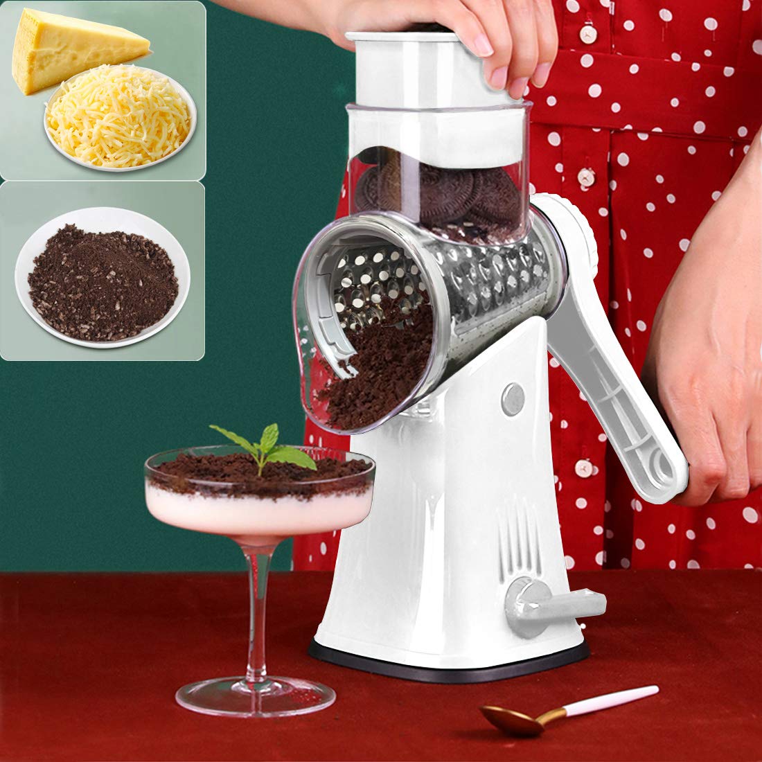 Rotary Cheese Grater Shredder 5-in-1 Tumbling Box Mandoline Vegetable Julienne Slicer Waffle Cutter Nut Chopper with Handle and Strong Suction Base