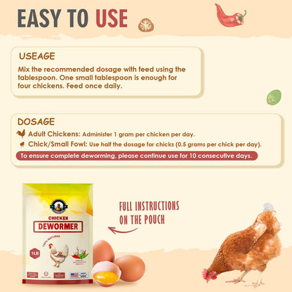 Natural Chicken Dewormer Powder - Chili Mix Formula | 1LB XL Pouch for Laying Hens & Gut Health