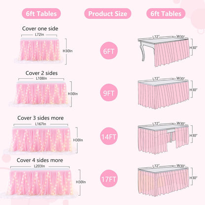 14FT Pink Tulle Table Skirt for Rectangle or Round Tables Ruffle Tulle Tutu Cloth Desk Table Skirt with LED Lights