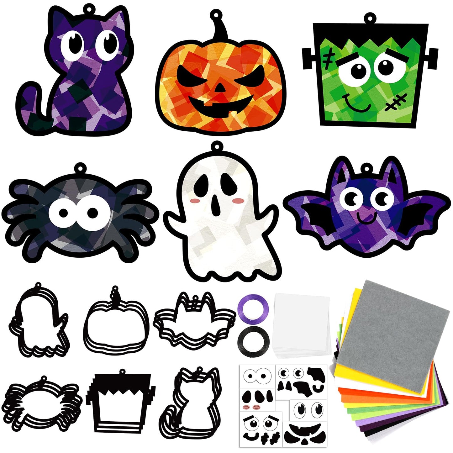 Lonfliness 36 Set Halloween Suncatchers Craft for DIY Pumpkin Ghost Cat Spider Window Tissue Paper Craft Kit Hanging Decor for Home Activity Art Project Birthday Party Favor Gift
